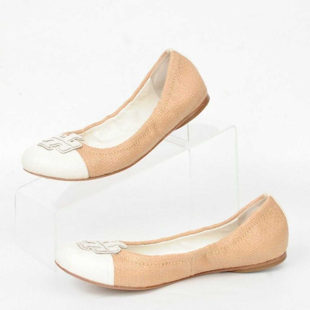 Tory Burch Carita White Natural Beach Woven Straw Leather Ballet Flat Shoes 7 M